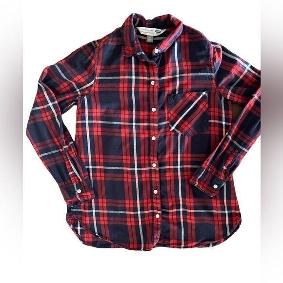 Old Navy red blue flannel classic button down plaid shirt sz M 100% cotton - Picture 4 of 11